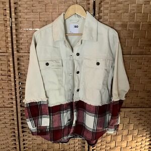 SO Cream Denim Jacket with Red Plaid Flannel Bottom‎ - Size Small Streetwear
